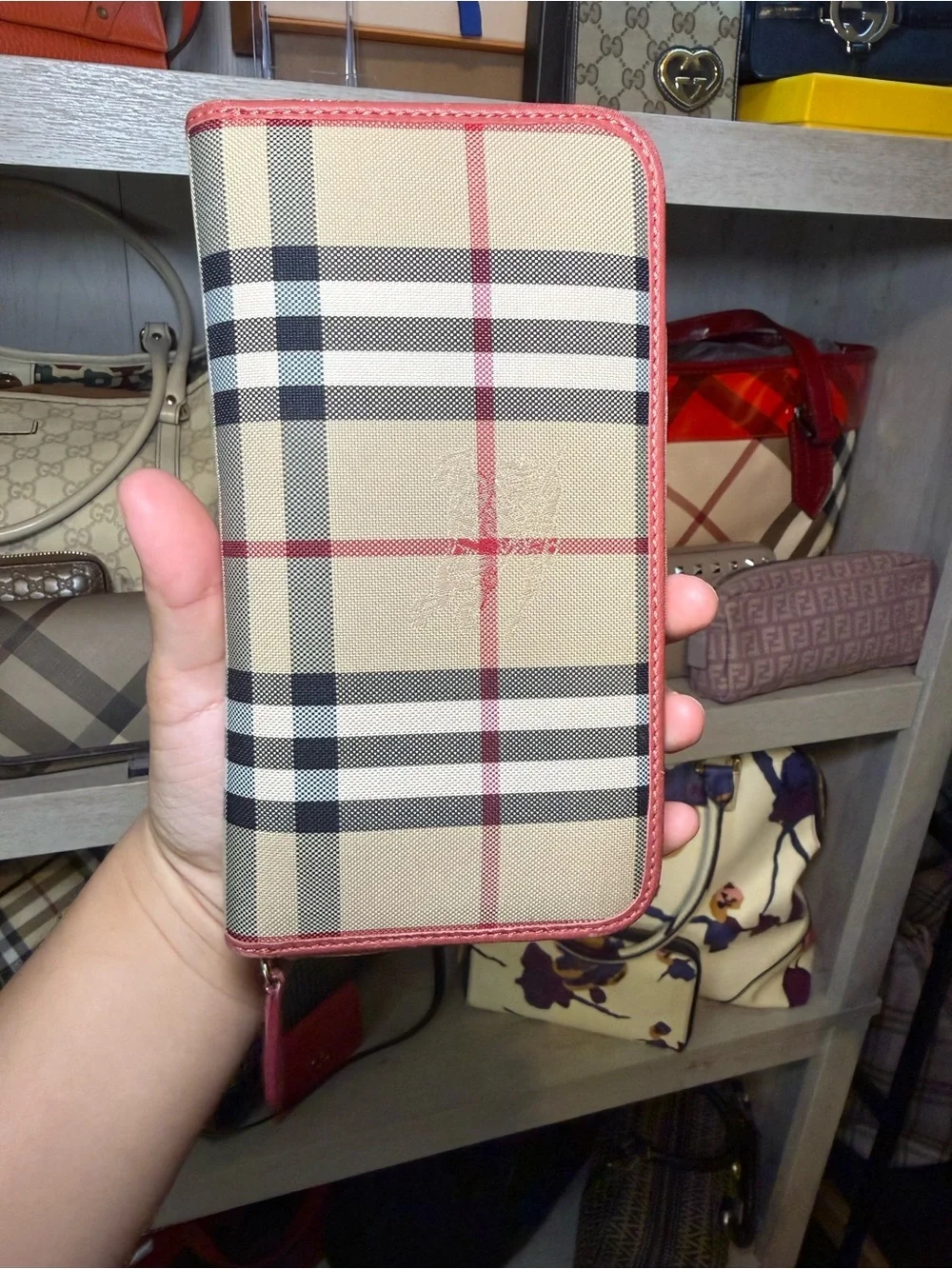Burberry Pink Leather & Vintage Check Zip Wallet